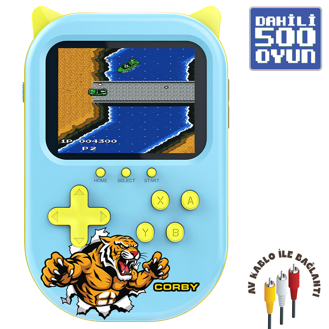 Sarı kedi kulaklı açık mavi elde taşınan oyun konsolu, ekranda retro oyun gösteriyor.
