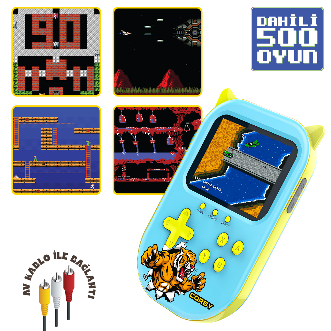 Dört retro oyun gösteren sarı vurgulu mavi taşınabilir oyun cihazı.