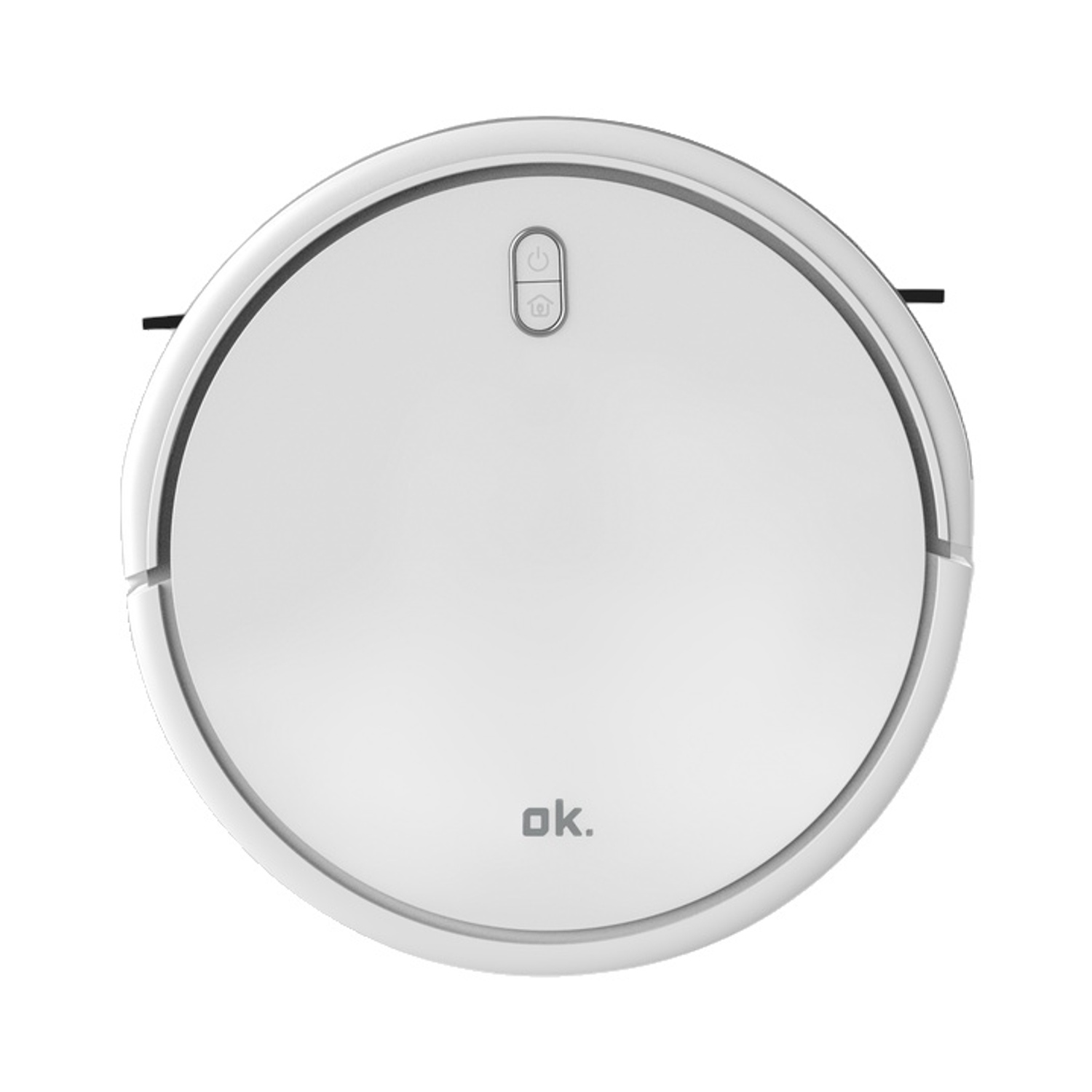 Un robot aspirapolvere bianco con accenti neri e logo "ok."