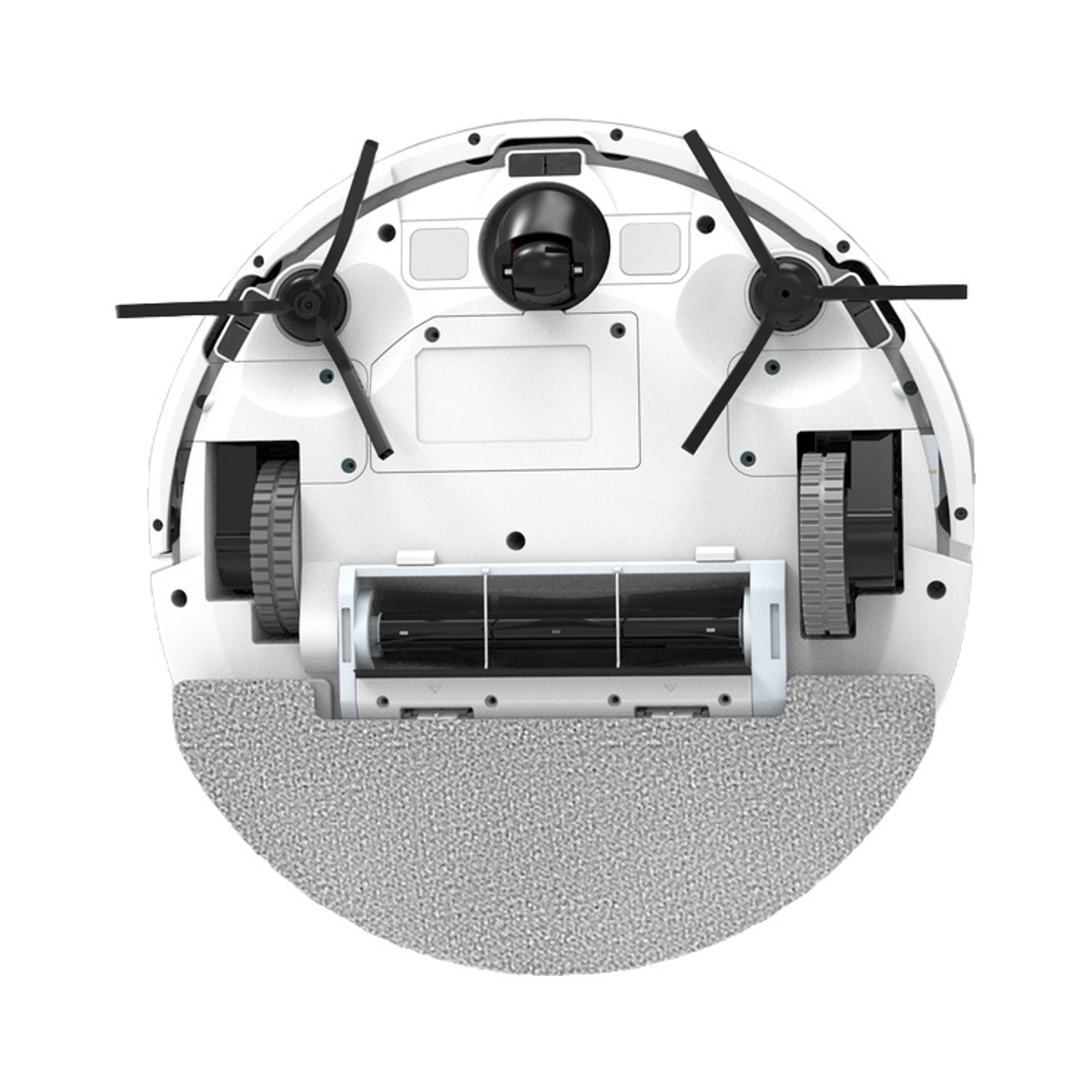 Parte inferiore di un robot aspirapolvere bianco con spazzole, ruote e rullo pulente.
