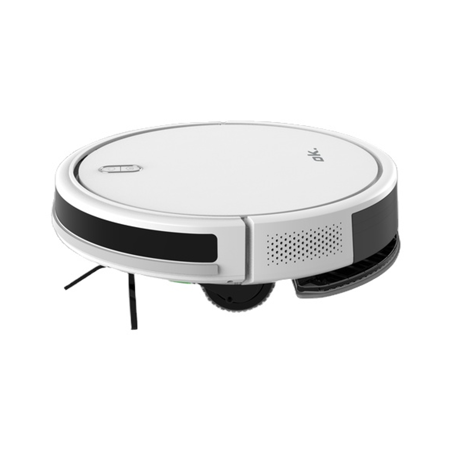 Un robot aspirapolvere bianco con accenti neri e spazzole.