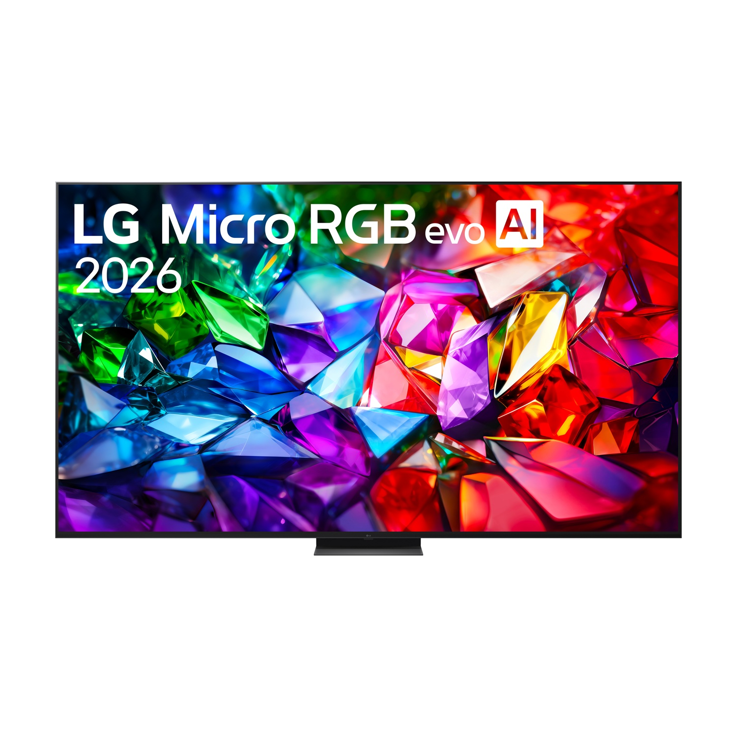 TV LG Micro RGB evo AI 2026 con uno sfondo astratto vibrante di forme geometriche colorate.