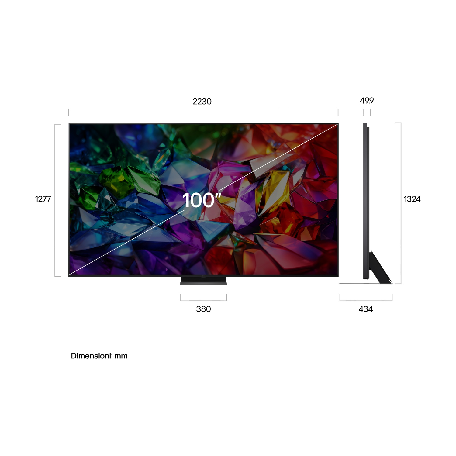 TV da 100 pollici con sfondo colorato, dimensioni indicate.
