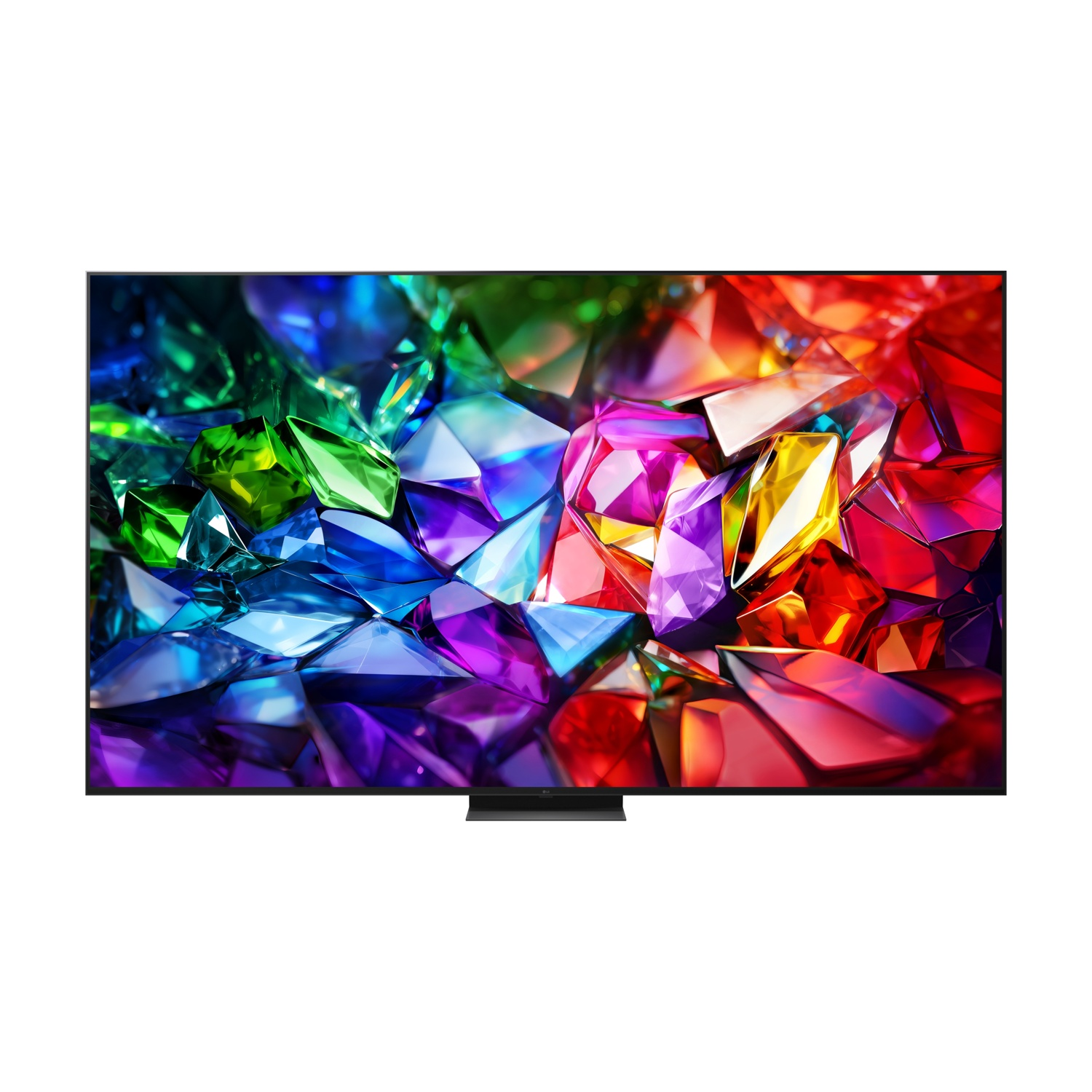 Un grande TV a schermo piatto mostra una vibrante immagine astratta di forme geometriche colorate.