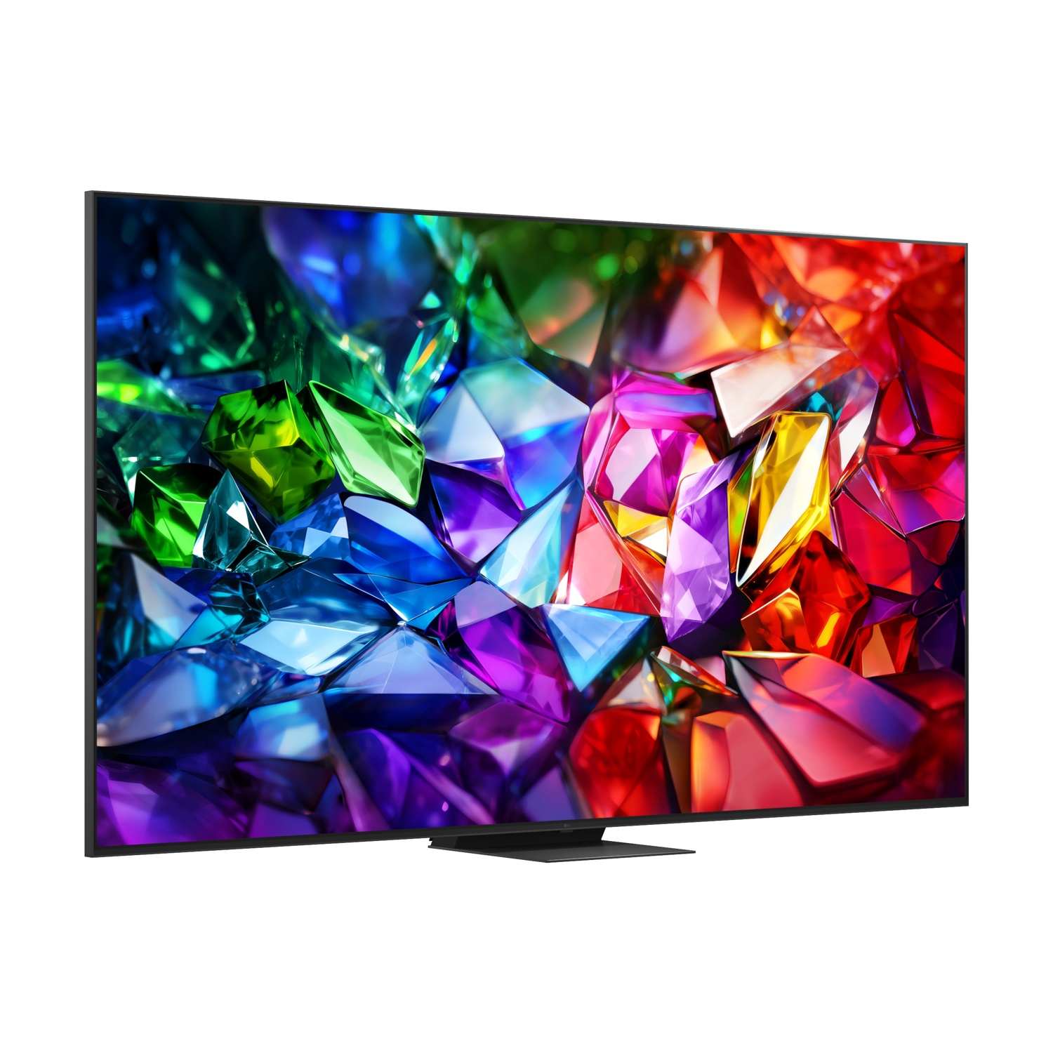 Un televisore moderno che visualizza contenuti vibranti e sfaccettati in colori di gemme.