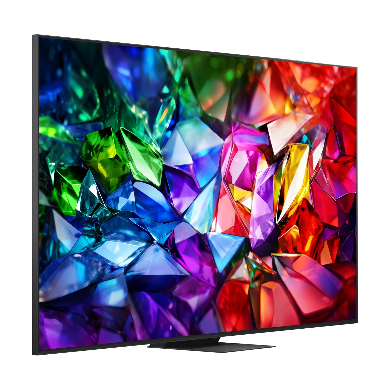 Una moderna TV nera mostra un'immagine astratta e vibrante di forme sfaccettate colorate.