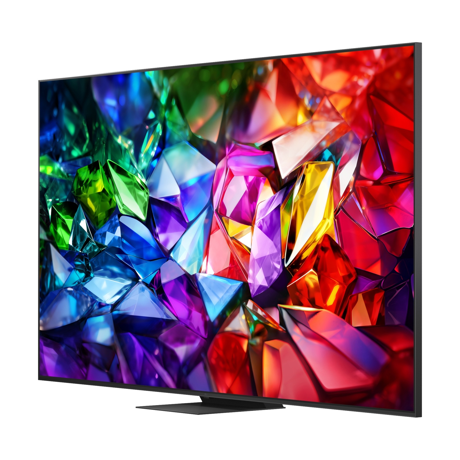 Una moderna TV a schermo piatto nera mostra un'immagine astratta e vibrante di cristalli sfaccettati colorati.