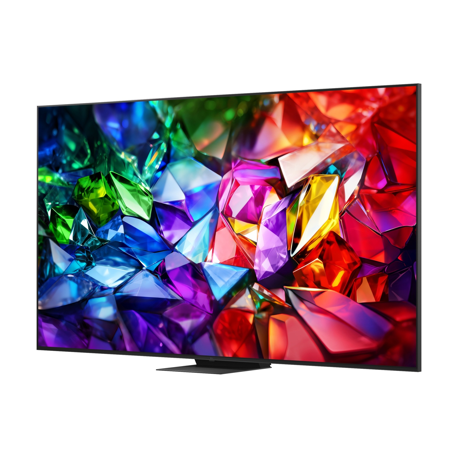 Un televisore moderno con schermo di gemme colorate su un supporto scuro.