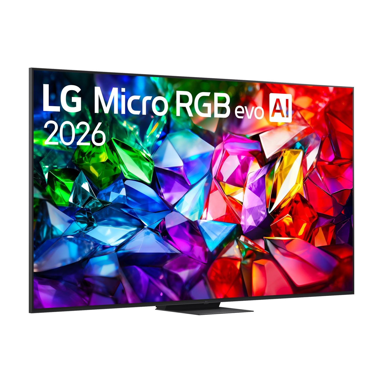 Una TV LG OLED con immagine astratta colorata e testo "LG Micro RGB evo AI 2026".