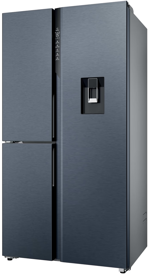 Ein dunkelblauer Kühlschrank mit zwei Türen und einem Wasserspender.