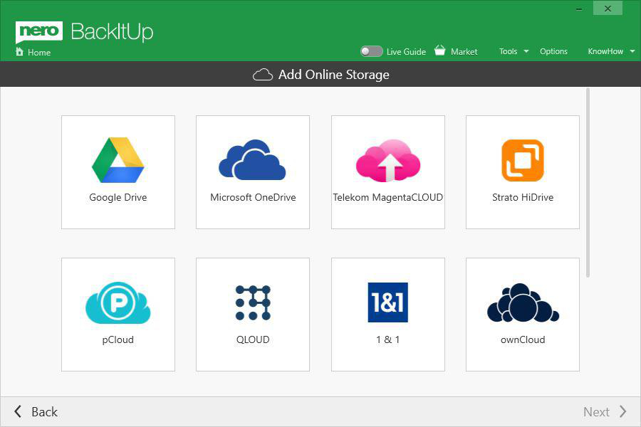 Nero BackItUp-Bildschirm mit Cloud-Speicheroptionen: Google Drive, OneDrive, Telekom, Strato, pCloud, QLOUD, 1&1, ownCloud.