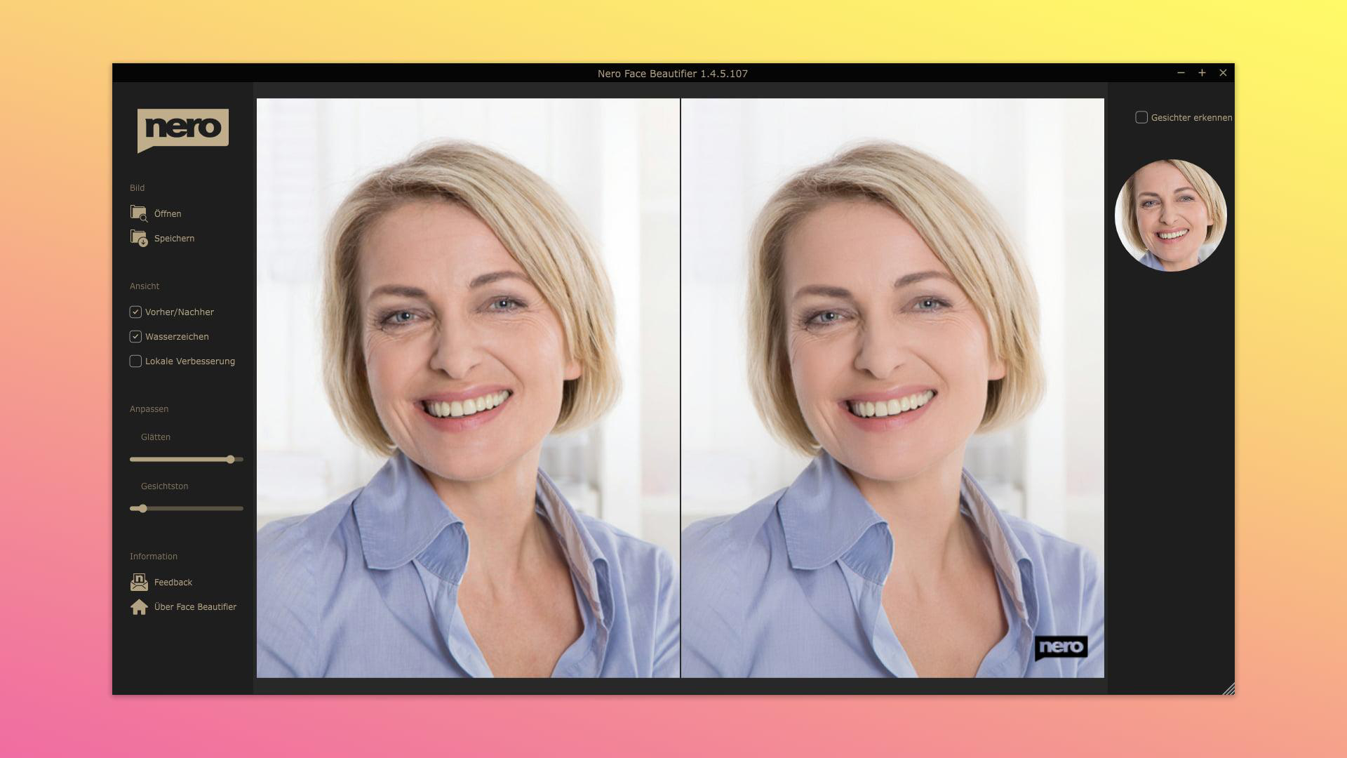 Software-Interface zeigt zwei Bilder einer Frau: links Original, rechts bearbeitet.
