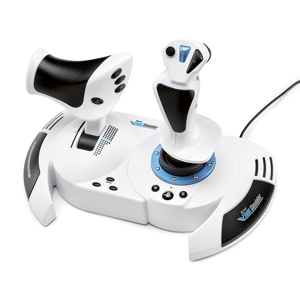 Controlador blanco Thrustmaster de palanca de vuelo y acelerador para simuladores de vuelo, con detalles azules y agarres negros, sobre fondo blanco.