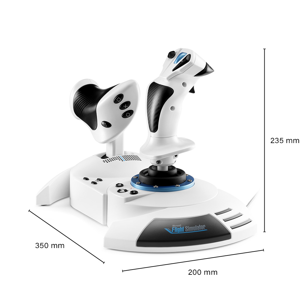 Joystick blanco y negro para simulador de vuelo con acelerador. Mide 350x200x235mm.