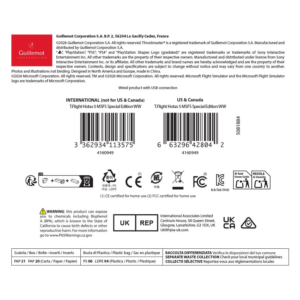 Información del producto para un controlador USB con códigos de barras y símbolos de certificación.