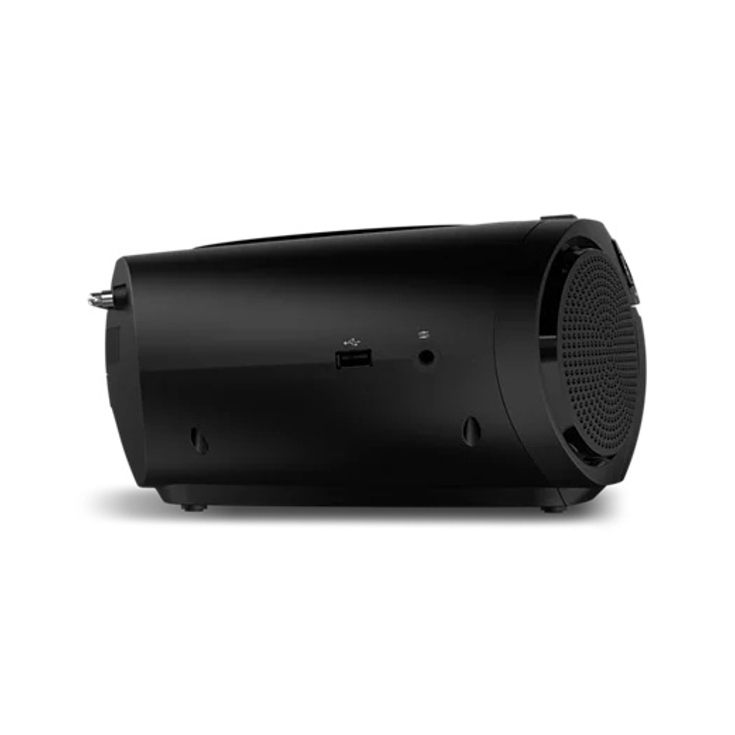 Altoparlante nero con porta USB e jack da 3,5 mm, su sfondo bianco.