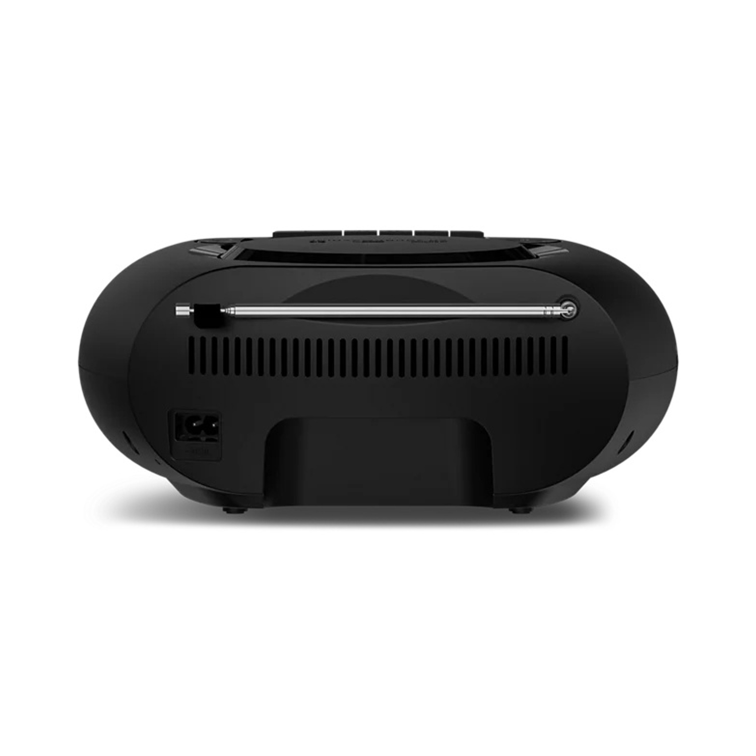 Boombox nero con antenna estesa e porta di alimentazione sul retro.