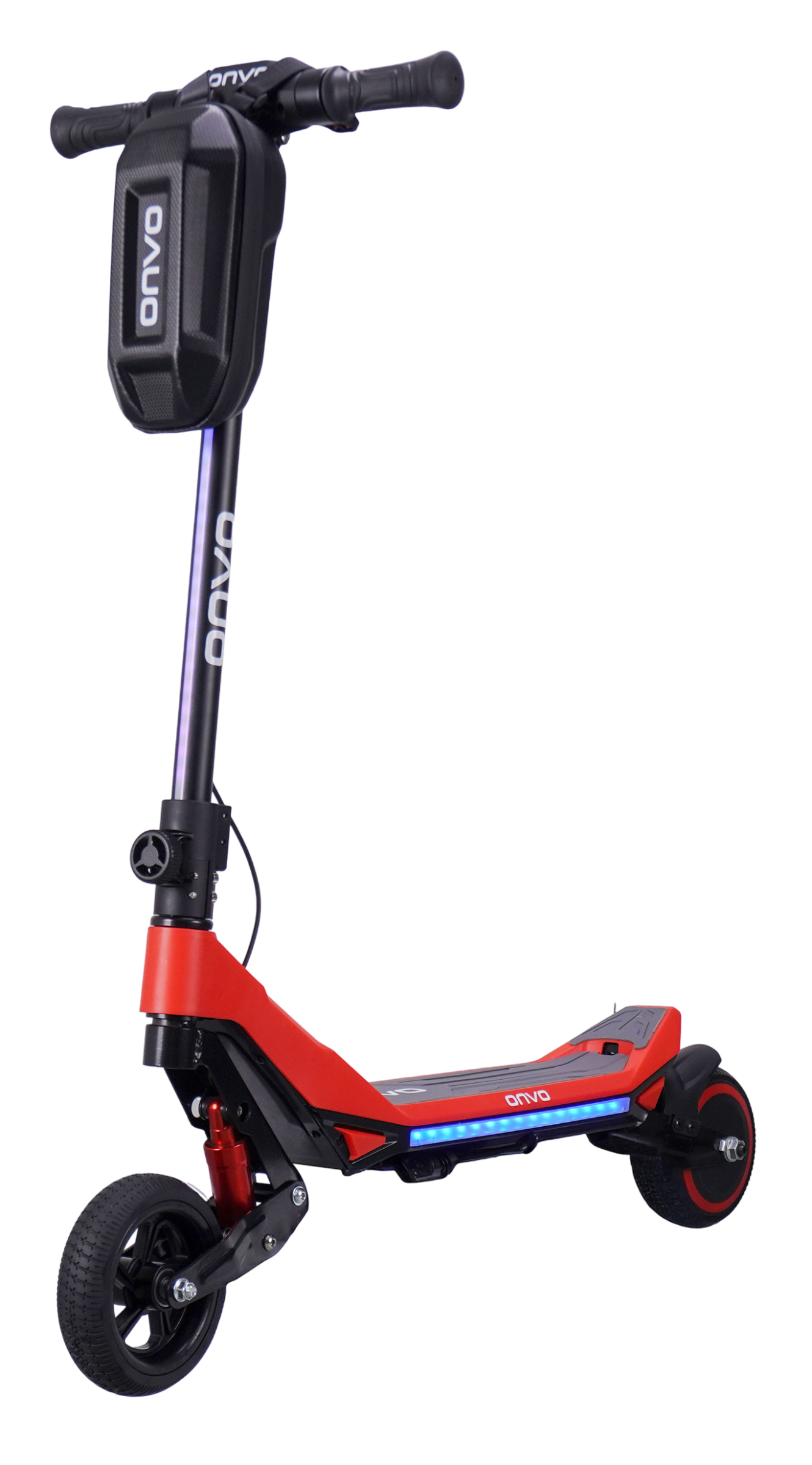 Siyah gidonlu ve çantalı kırmızı elektrikli scooter. Mavi ışıklar platformu çevreliyor.