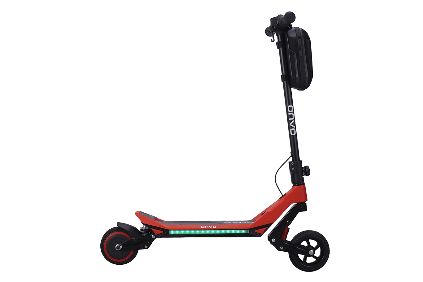 Siyah aksanlı ve yeşil LED ışıklı kırmızı elektrikli scooter.