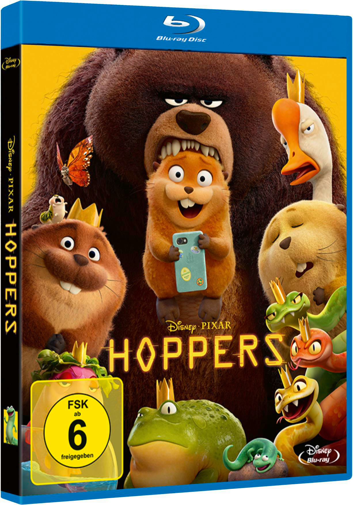 Das "Hopper" Blu-ray Cover zeigt Comic-Tiere mit Kronen vor gelbem Hintergrund.