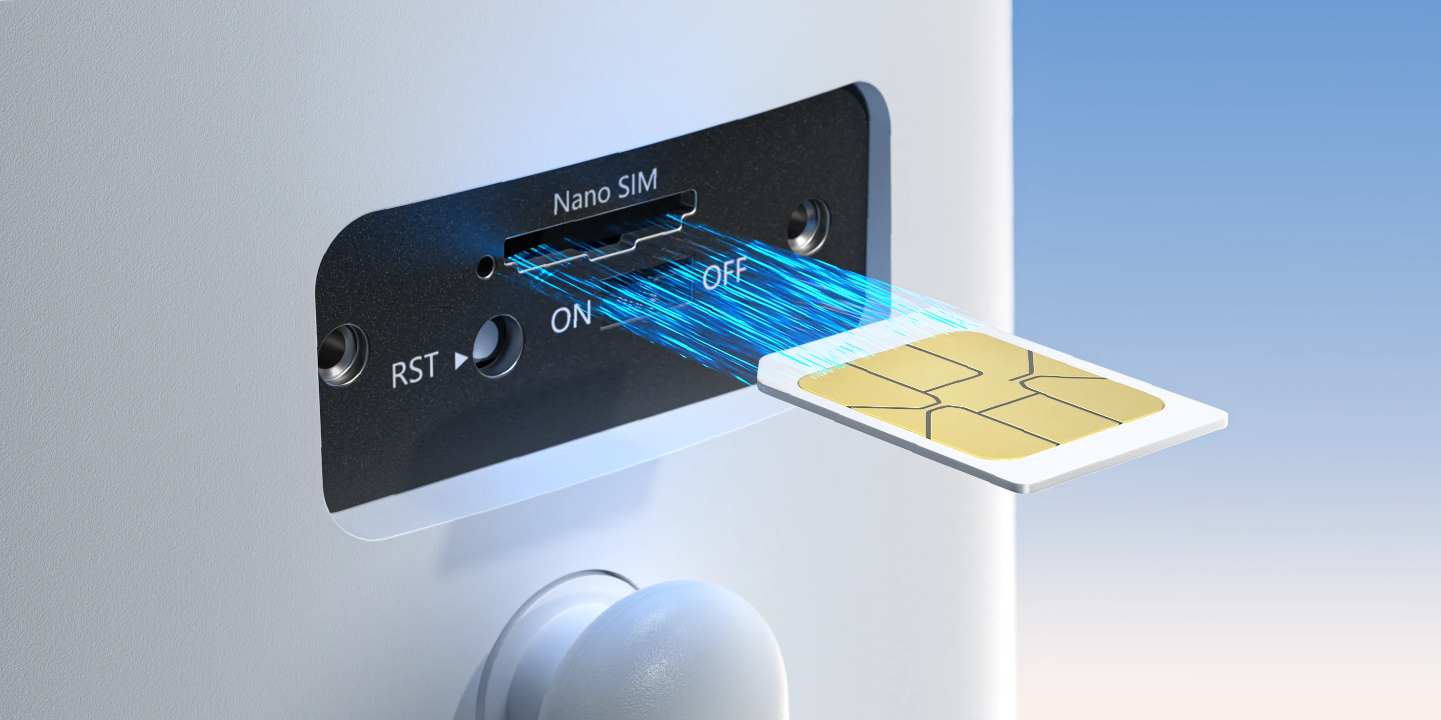 Egy nano SIM kártyát helyeznek be egy kék fénysugarakkal rendelkező eszközbe.