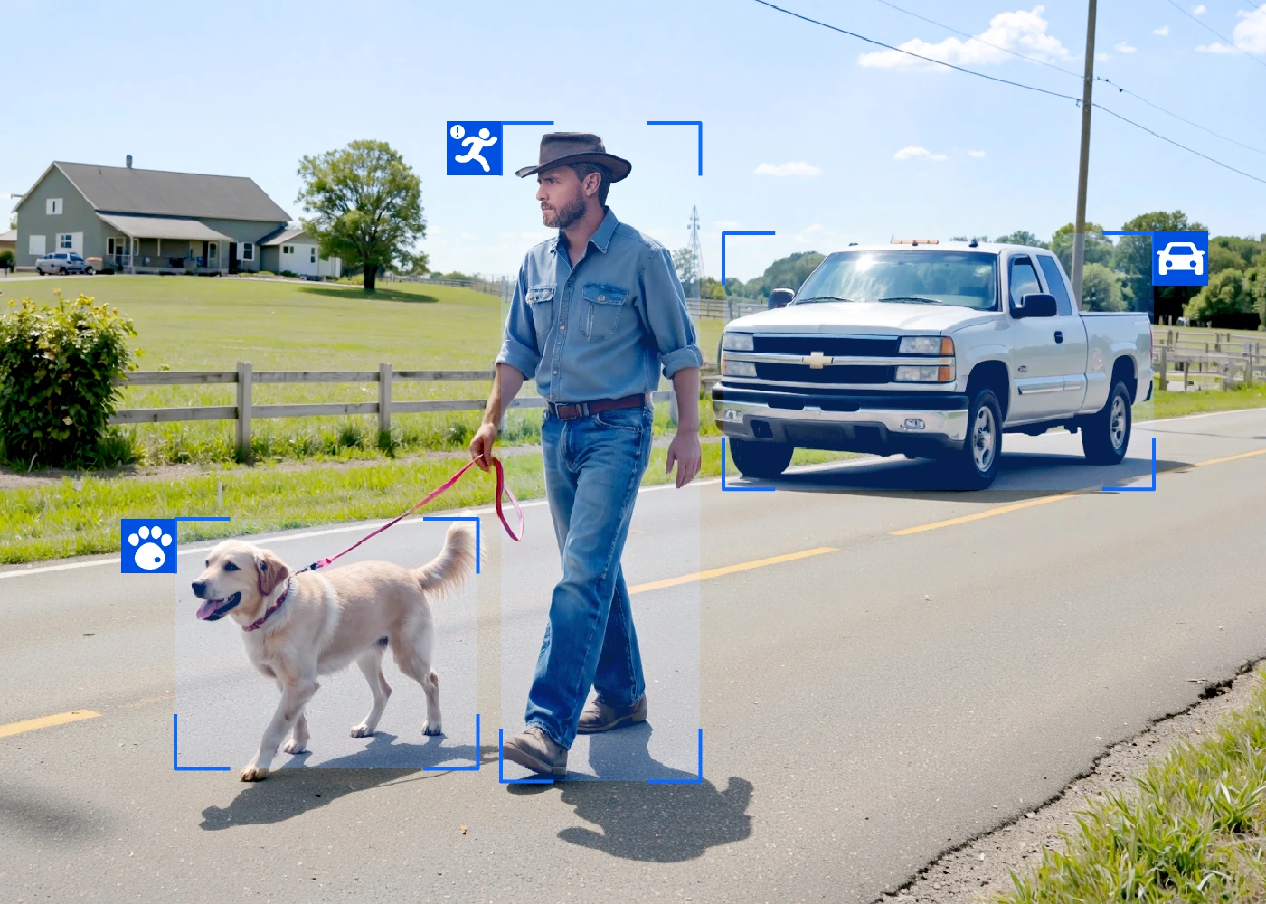 Cowboykalapos férfi pórázon sétáltat kutyát falusi út mellett.