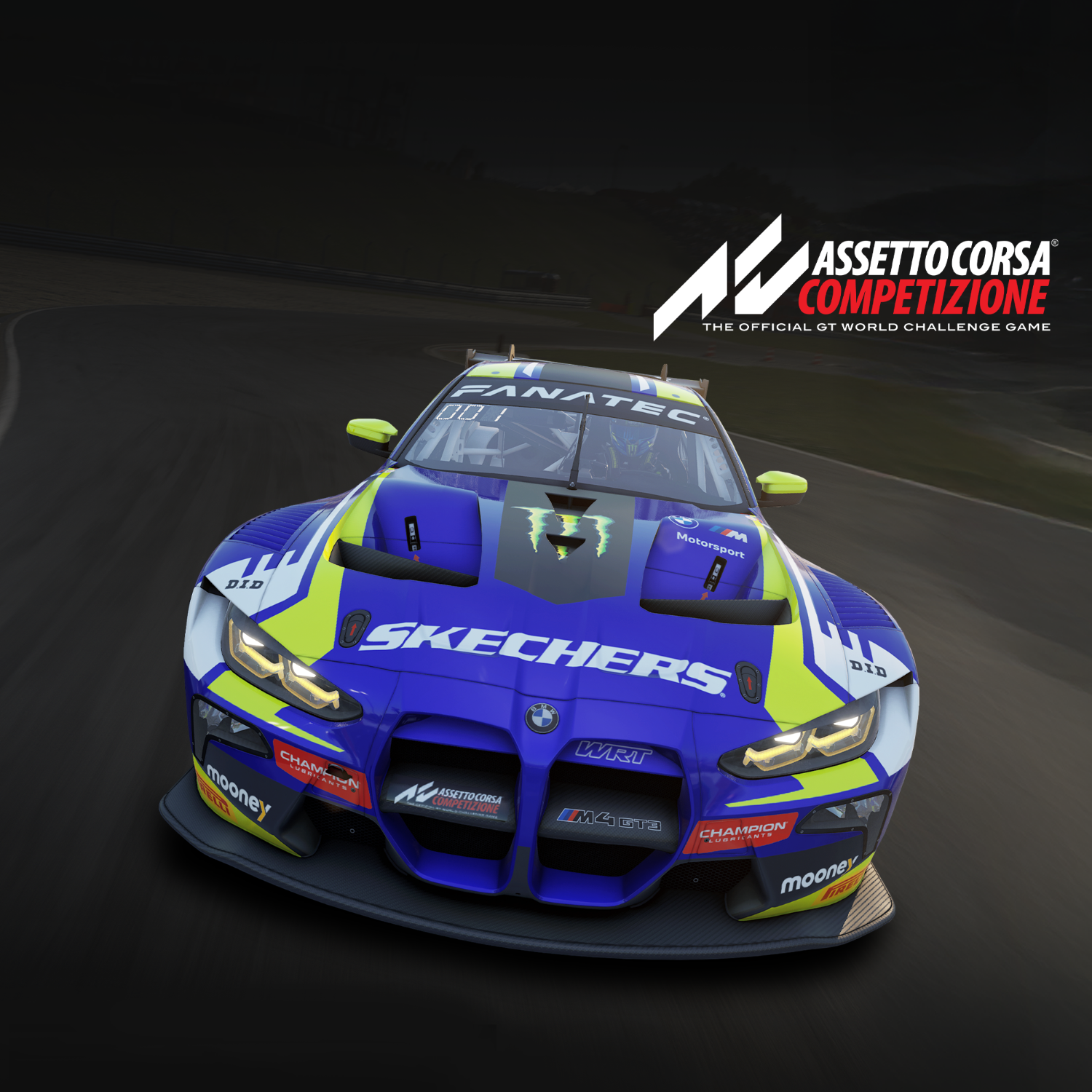 Une voiture de course bleue aux accents jaunes et blancs roule sur une piste.