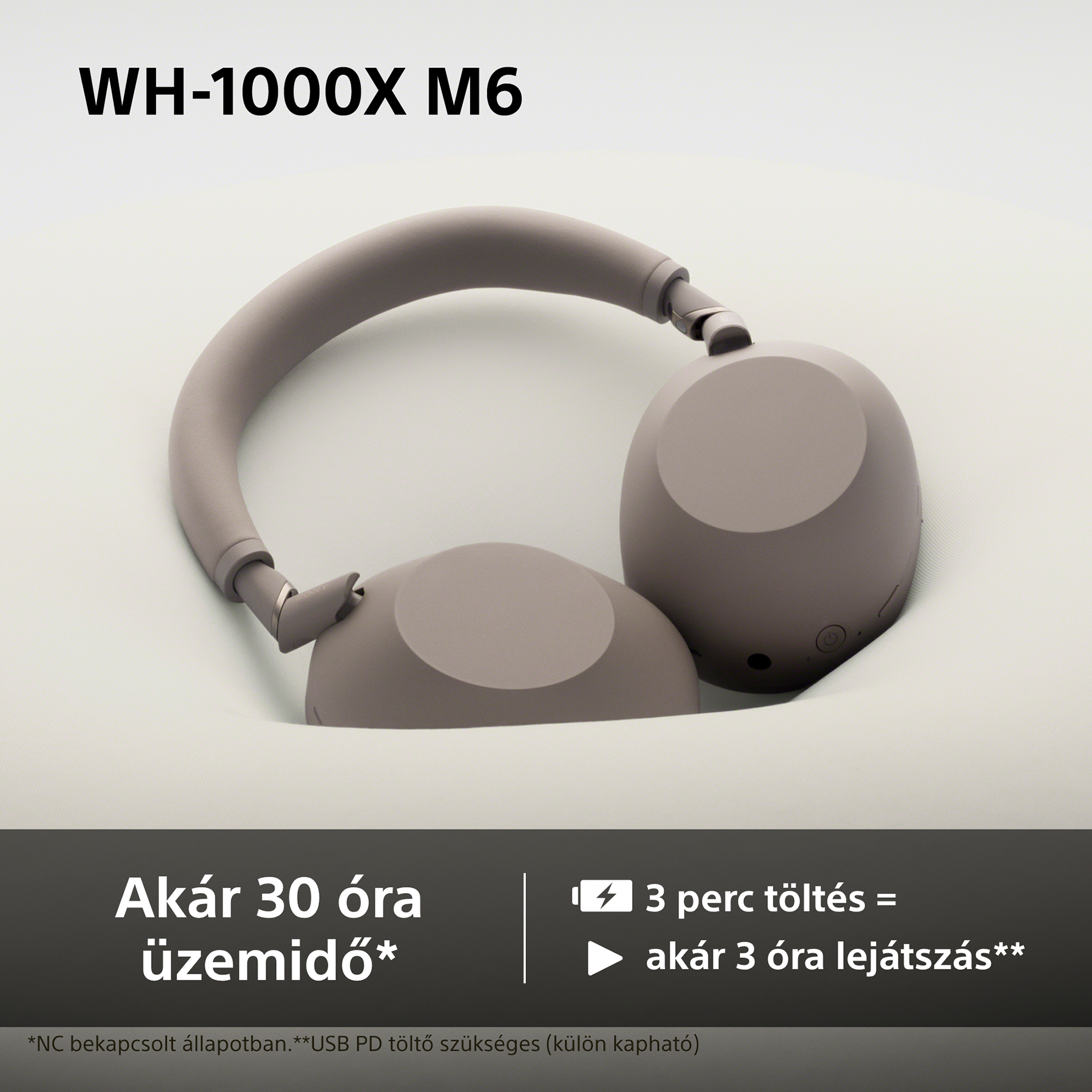 Szürke WH-1000XM6 fejhallgató akkumulátor információkkal.