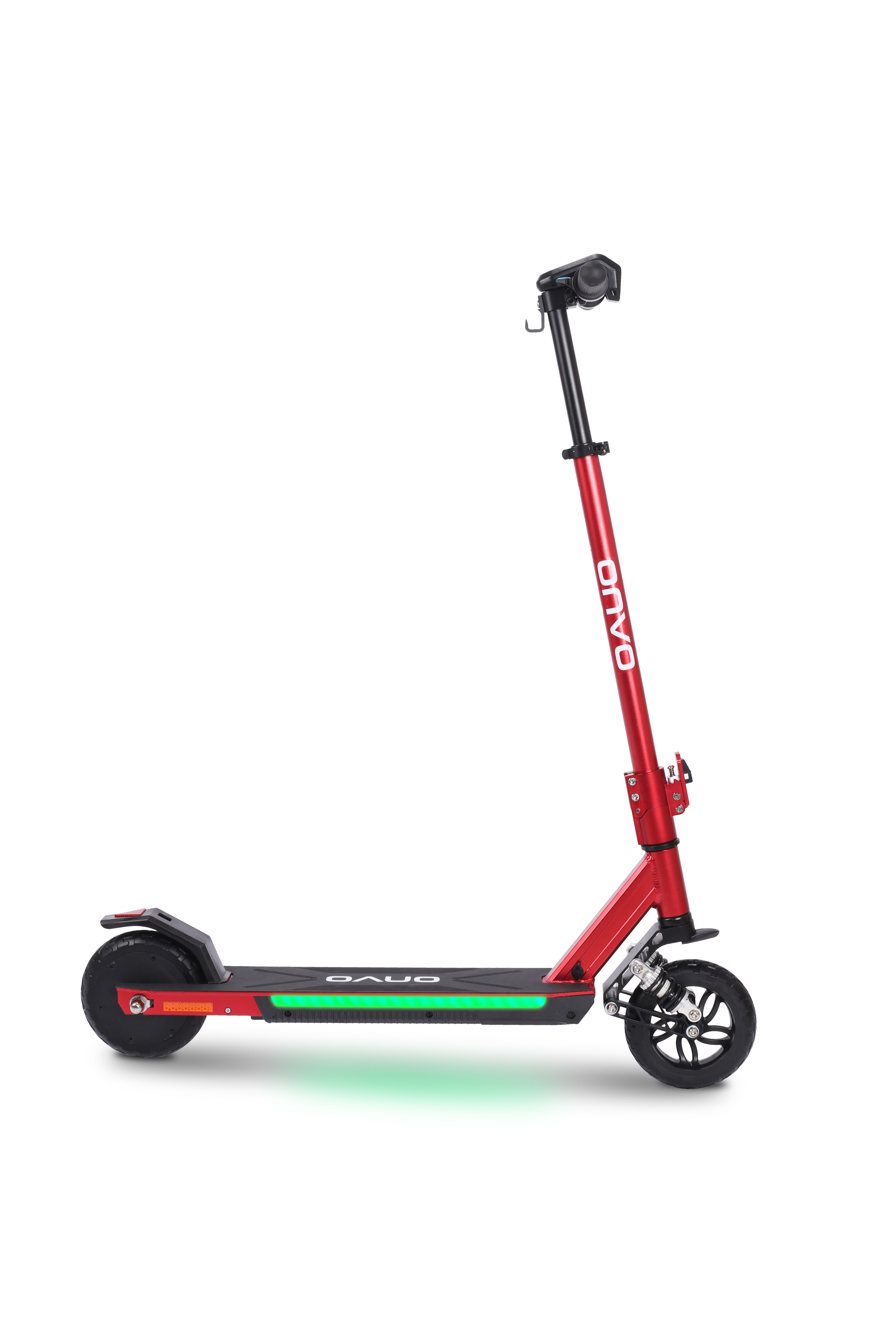 Kırmızı elektrikli scooter, platformda yeşil LED şeritler ve siyah gidon.