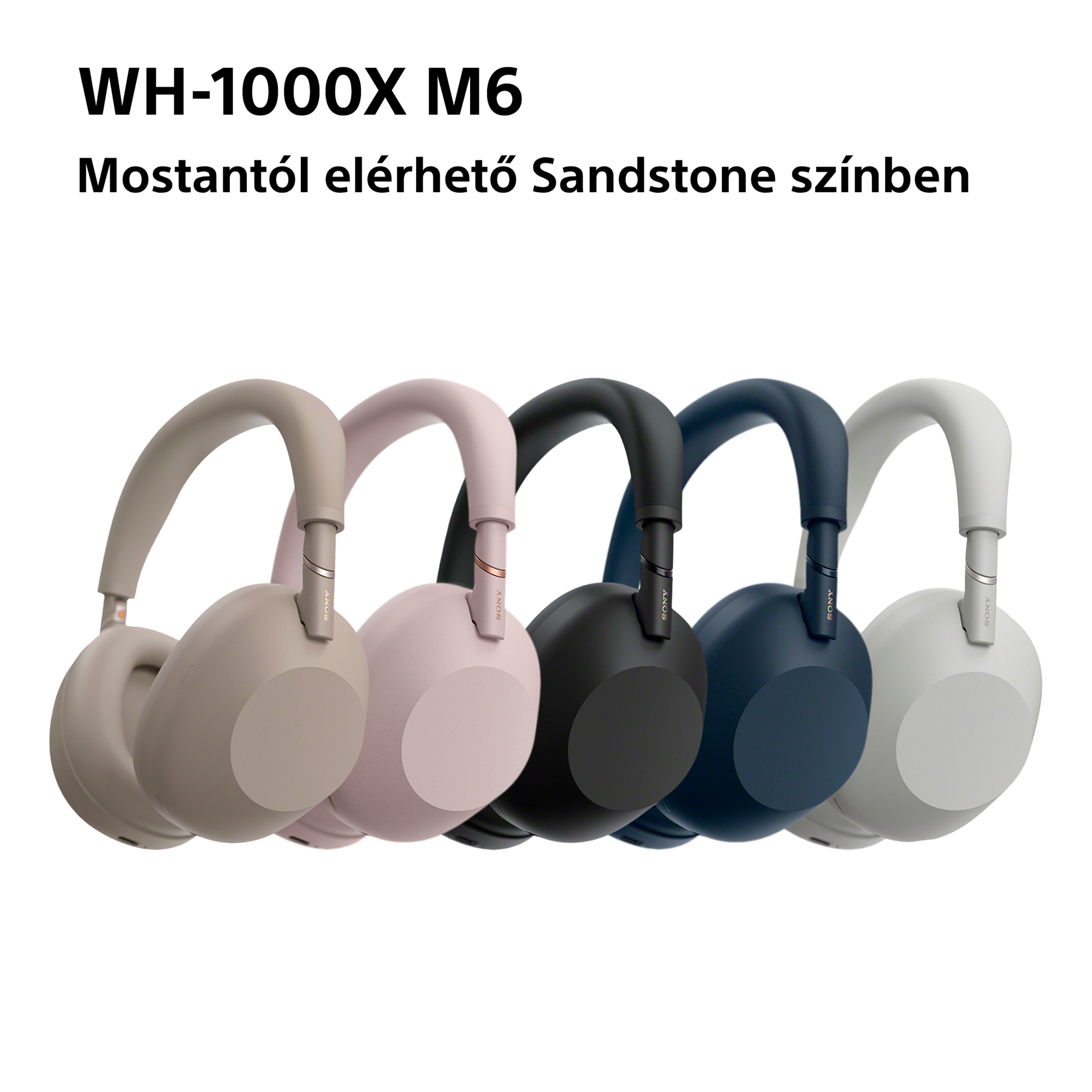 Öt Sony WH-1000XM6 fejhallgató bézs, rózsaszín, fekete, sötétkék és szürke színben.
