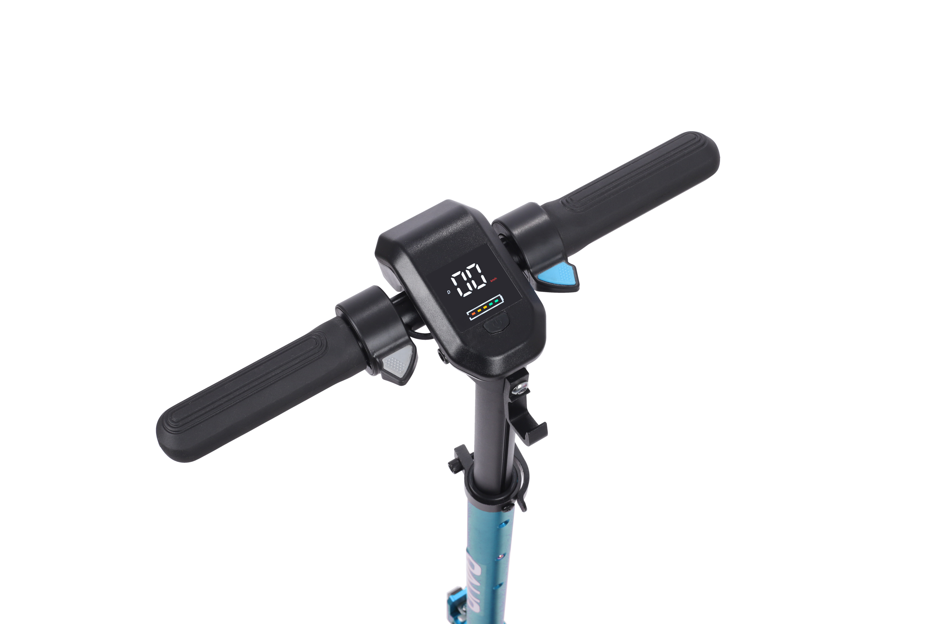 Dijital ekranlı ve tutamaklı mavi elektrikli scooter gidonu.