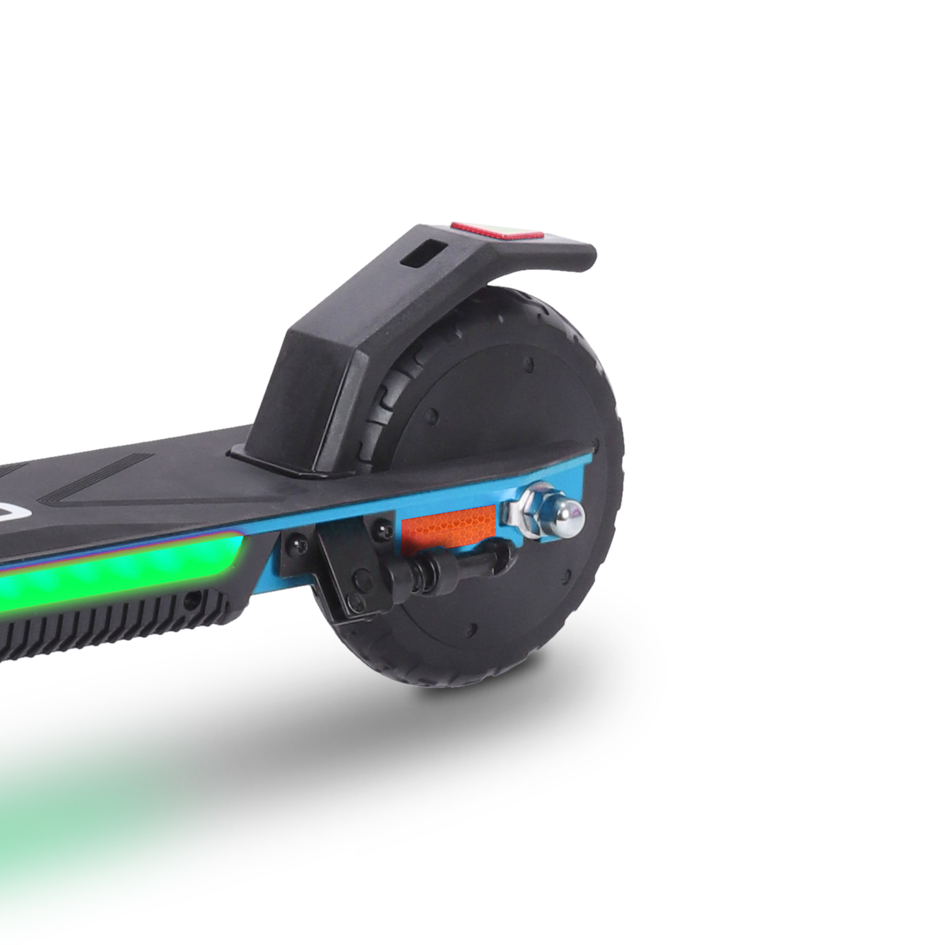 Mavi şasi, siyah tekerlekli ve yeşil LED aydınlatmalı elektrikli scooter.