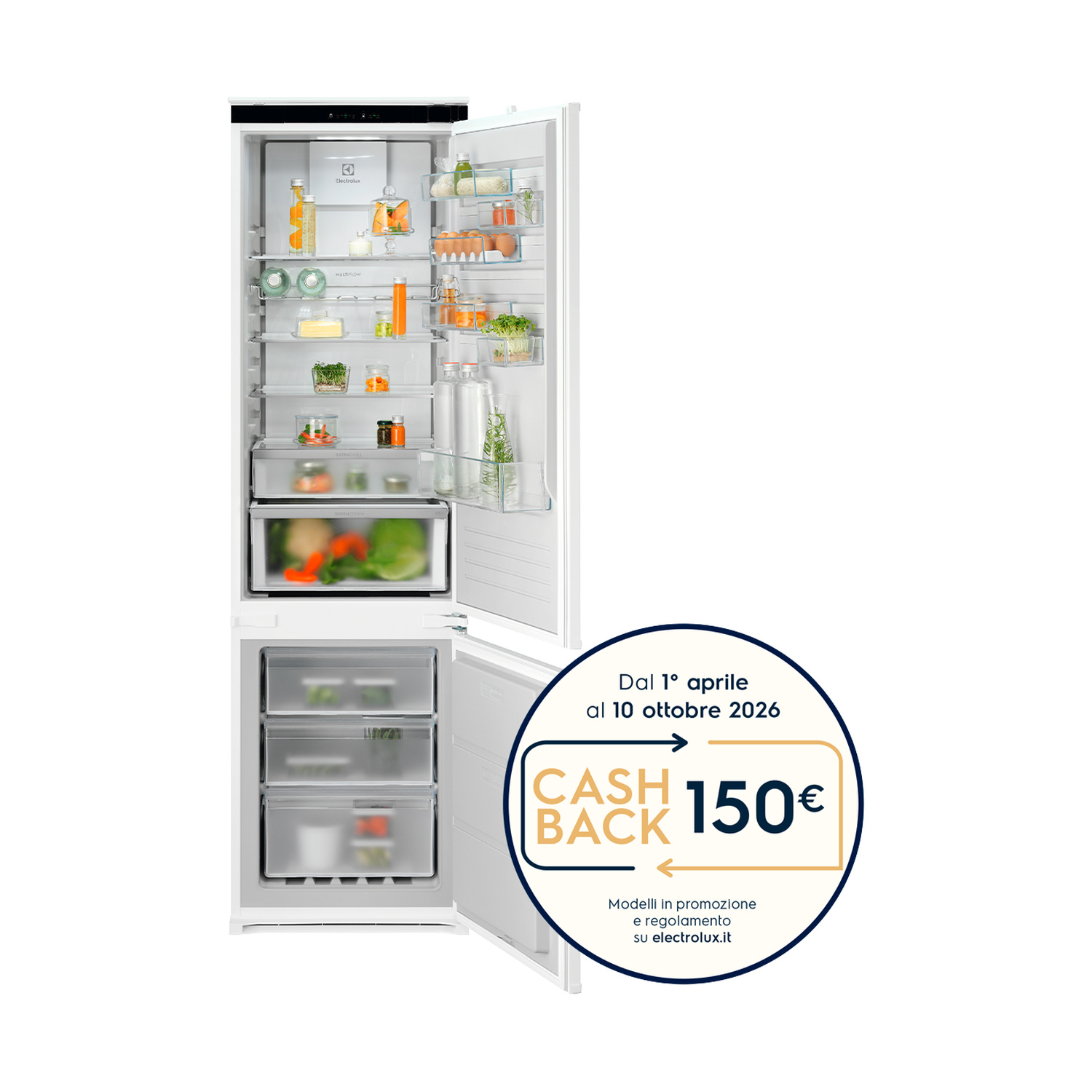 Frigorifero aperto con cibo e un grafico circolare per 150€ di cashback.
