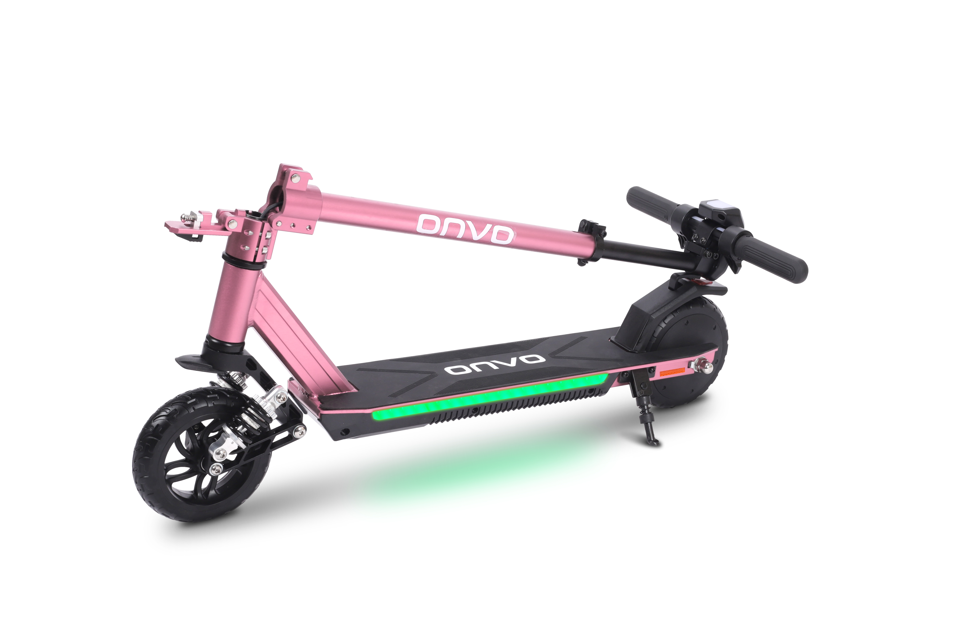 ONVO logolu, yeşil LED şeritli pembe elektrikli scooter.