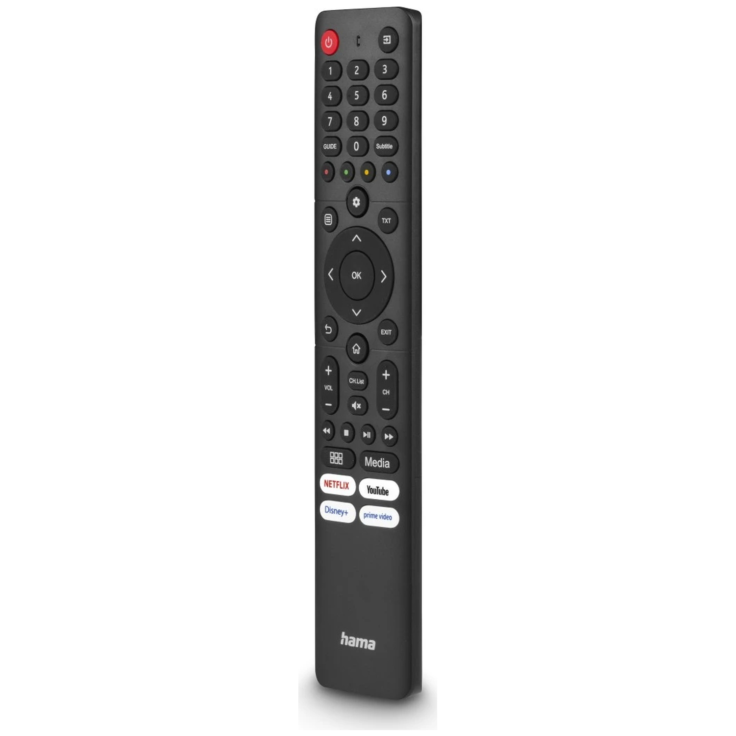 Zwarte afstandsbediening met knoppen en streamingdienst snelkoppelingen.