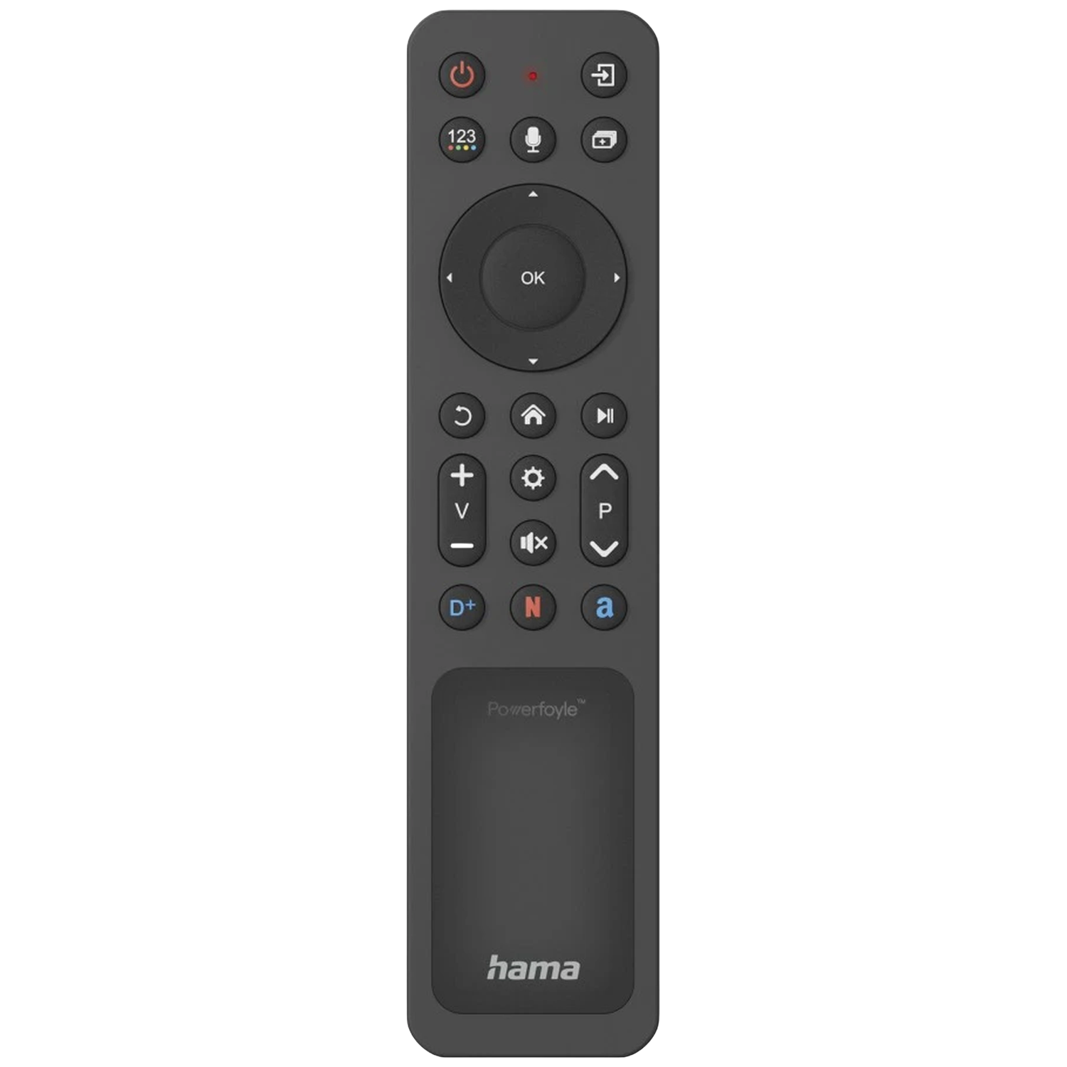 Télécommande grise avec boutons pour alimentation, 123, micro, OK, volume et navigation.