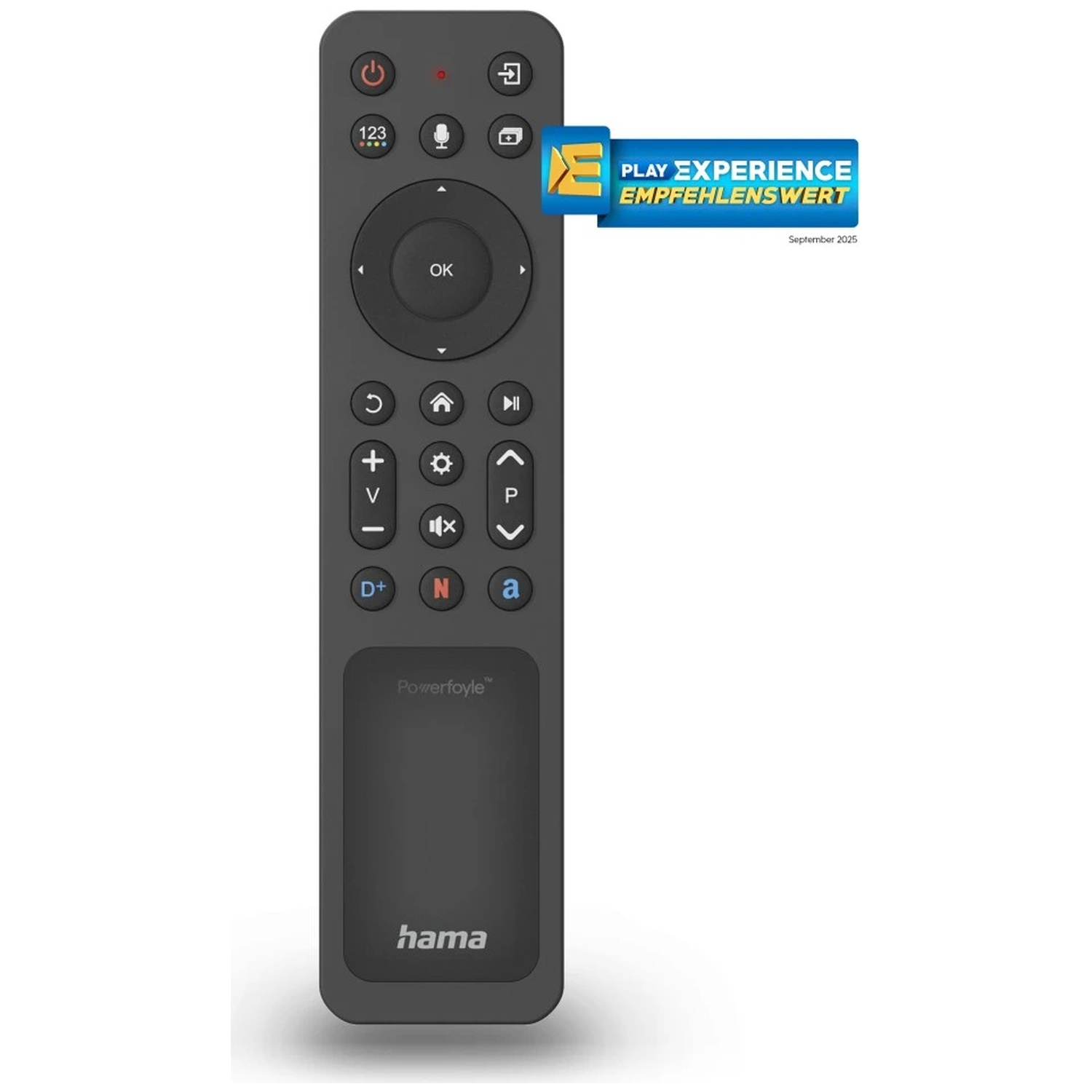 Une télécommande grise avec des boutons et un pavé tactile. Une bannière jaune est en haut à droite.