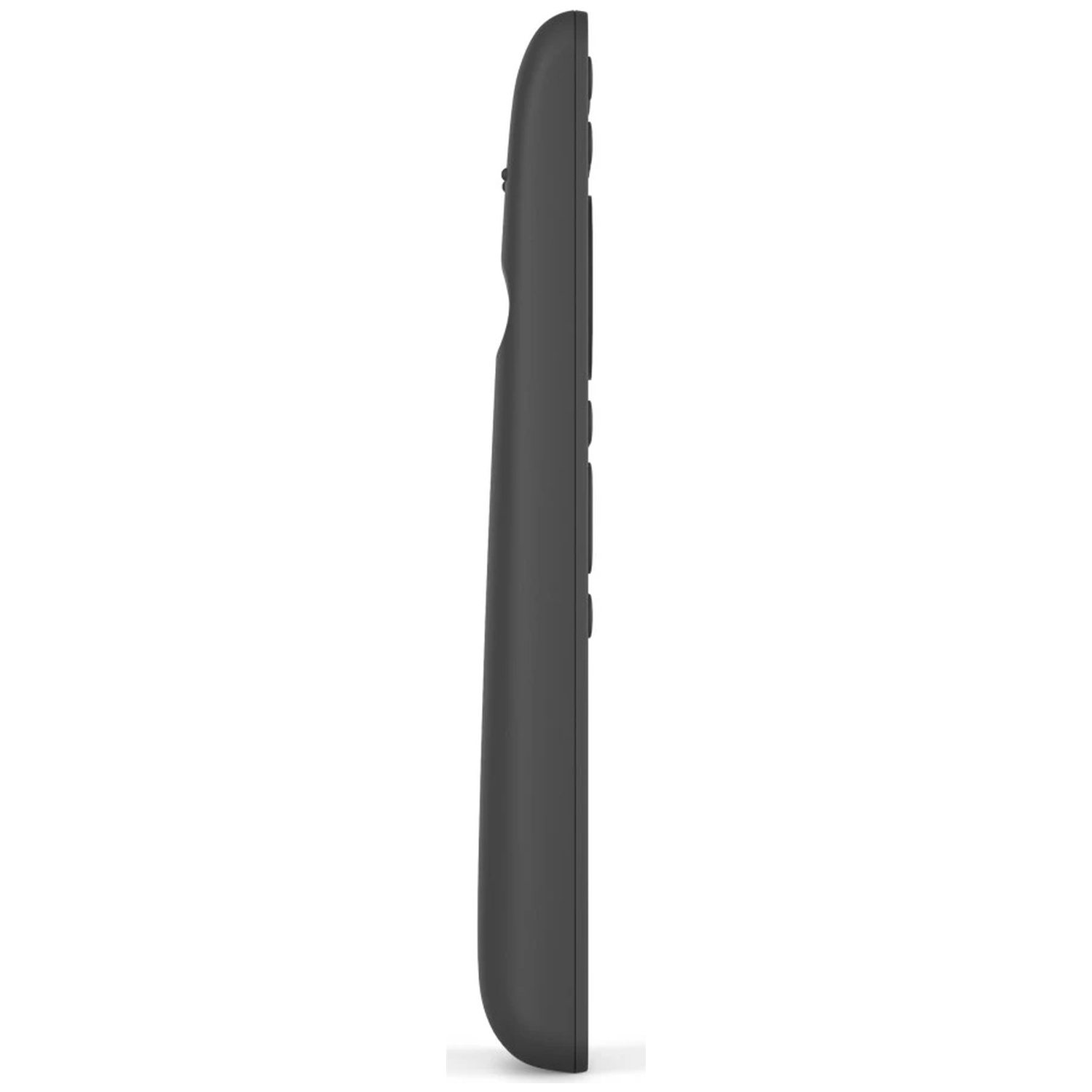 Télécommande gris foncé vue de côté avec des boutons sur la gauche.