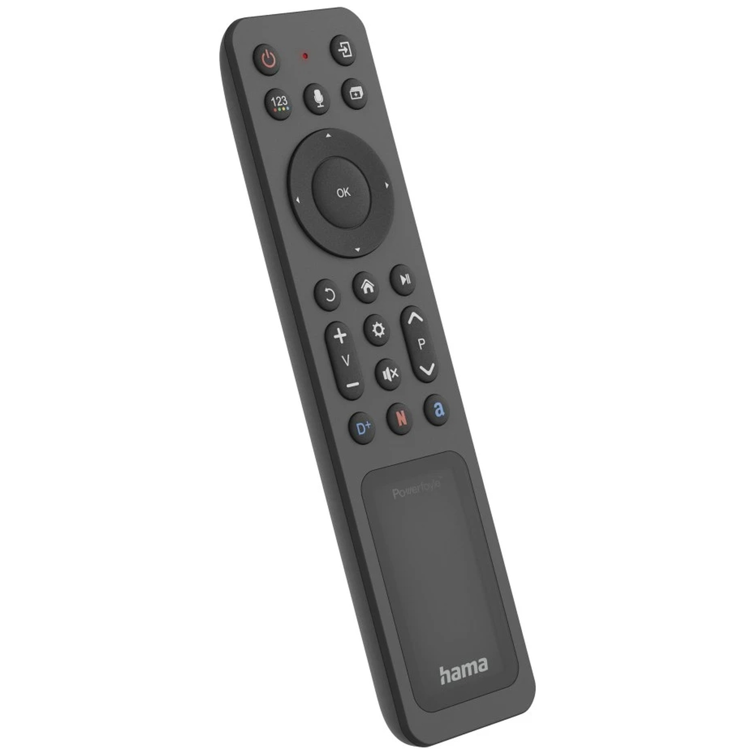 Une télécommande gris foncé avec boutons et pavé tactile. Logo Hama visible.