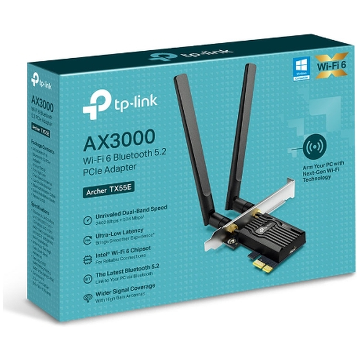 TP-Link AX3000 Wi-Fi 6 Bluetooth 5.2 PCIe Adapter with antennas on light blue box.