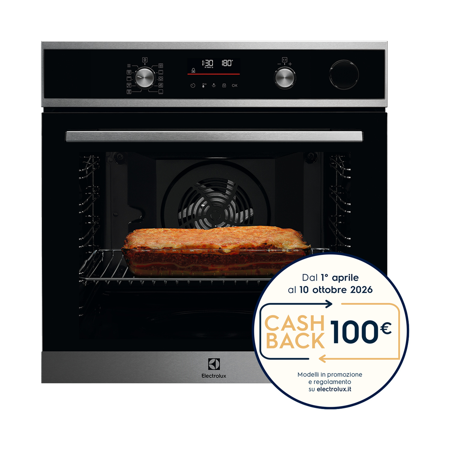 Un moderno forno elettrico con un piatto di lasagne all'interno e un'offerta cashback.