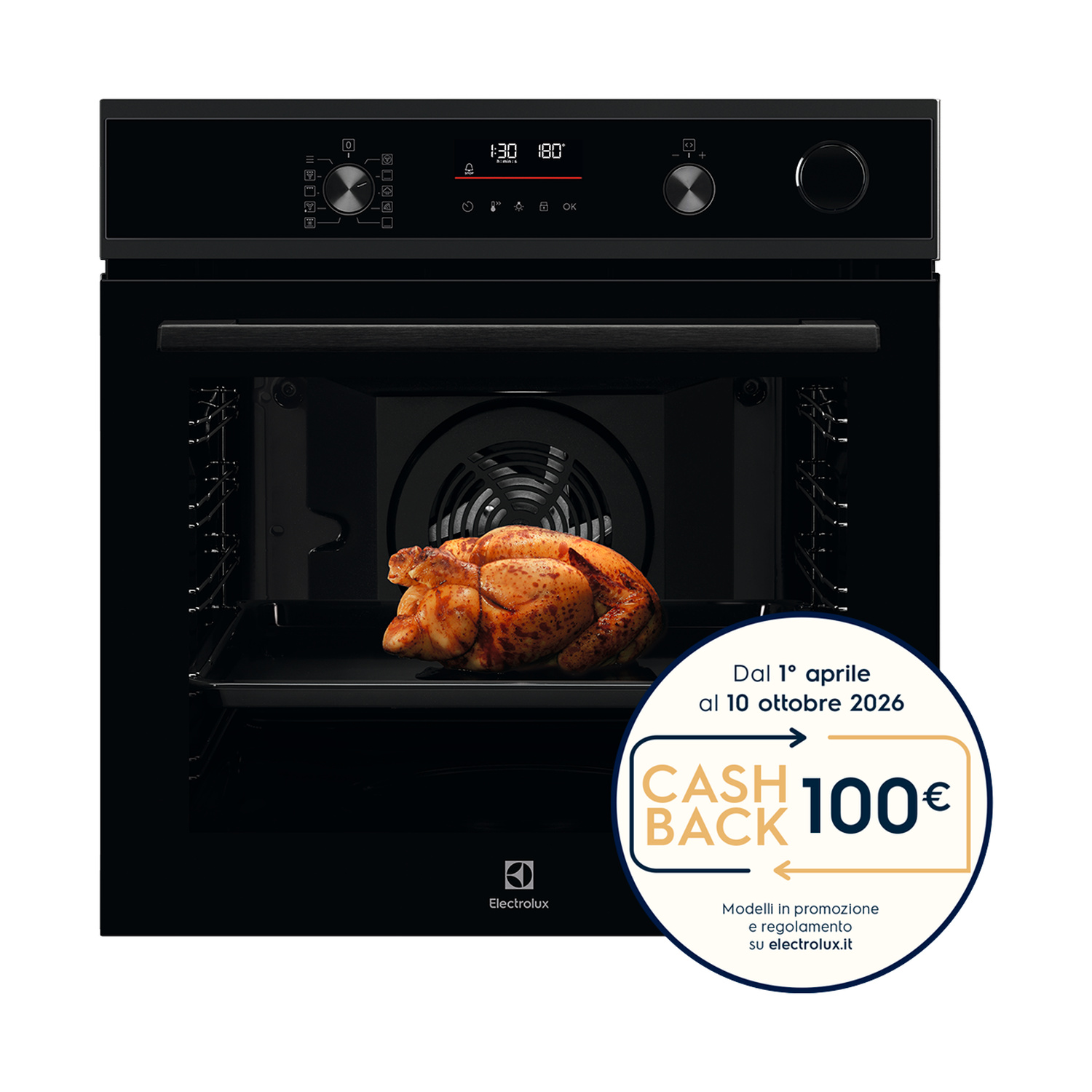 Un pollo arrosto dentro un forno nero con display digitale e offerta cashback.