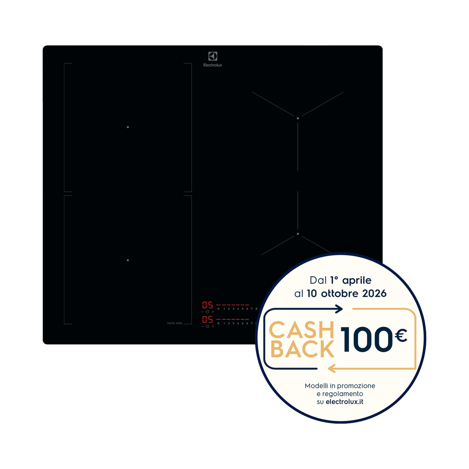 Piano cottura a induzione nero con controlli touch e offerta cashback.