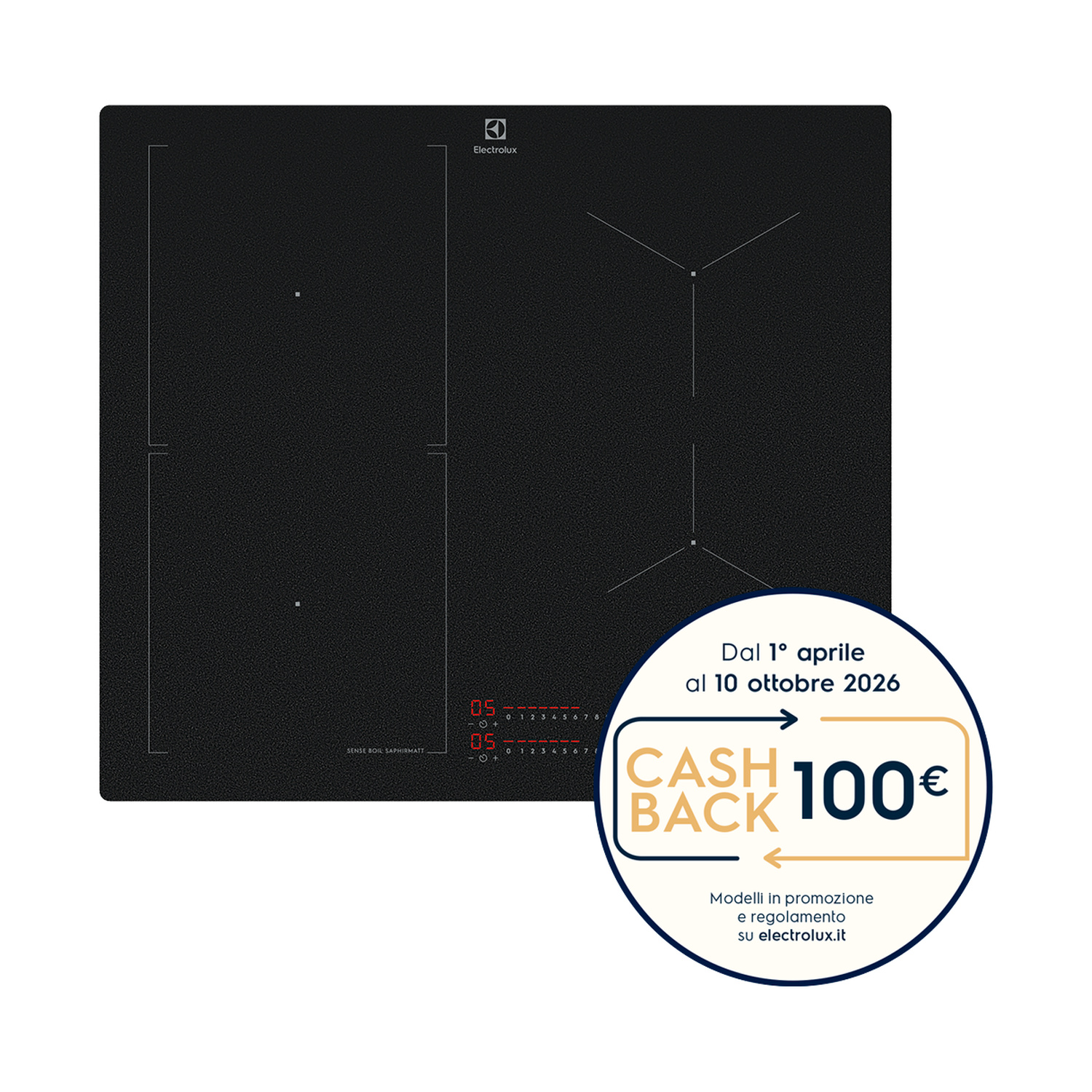 Piano cottura a induzione nero con comandi touch e offerta cashback.
