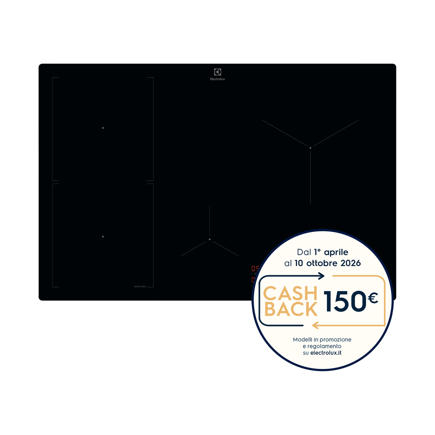 Piano cottura a induzione Electrolux nero con 4 zone e offerta cashback.