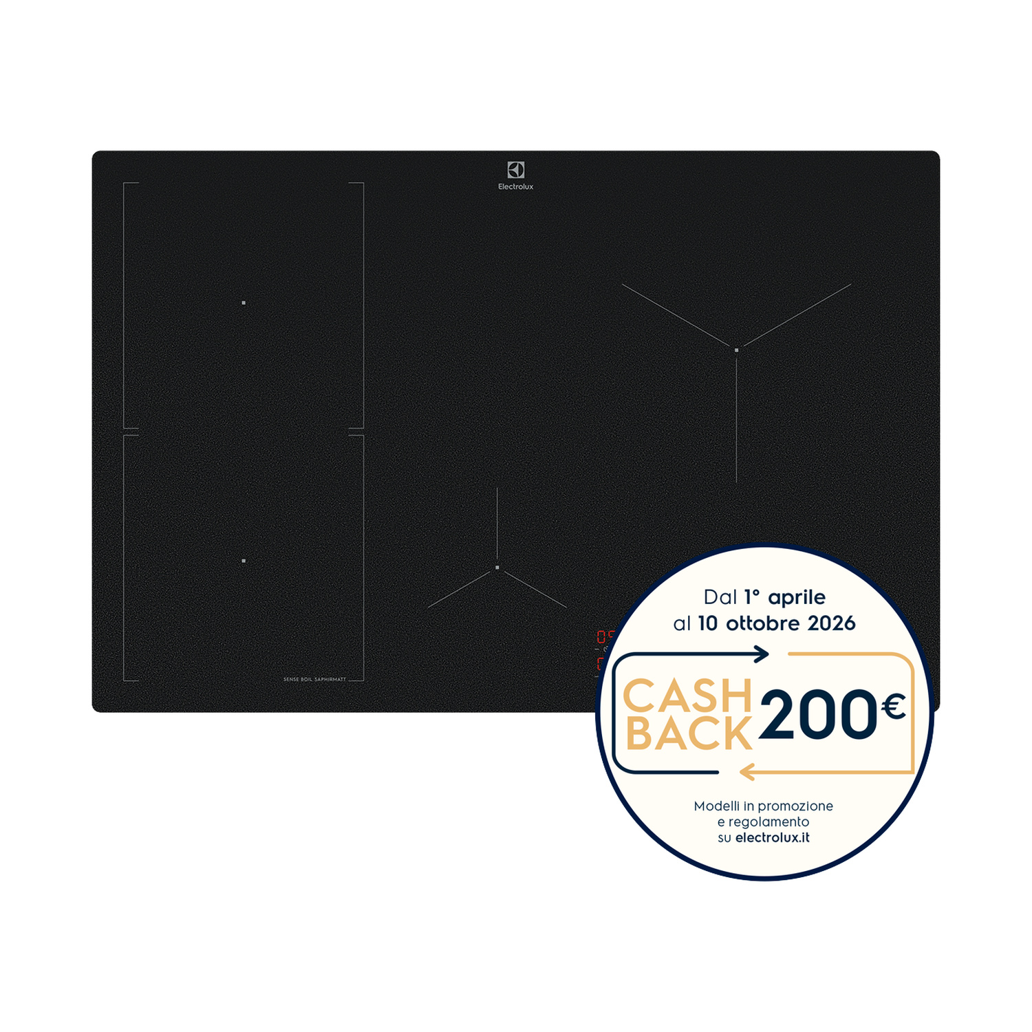 Un piano cottura a induzione Electrolux con quattro zone e offerta cashback di 200€.