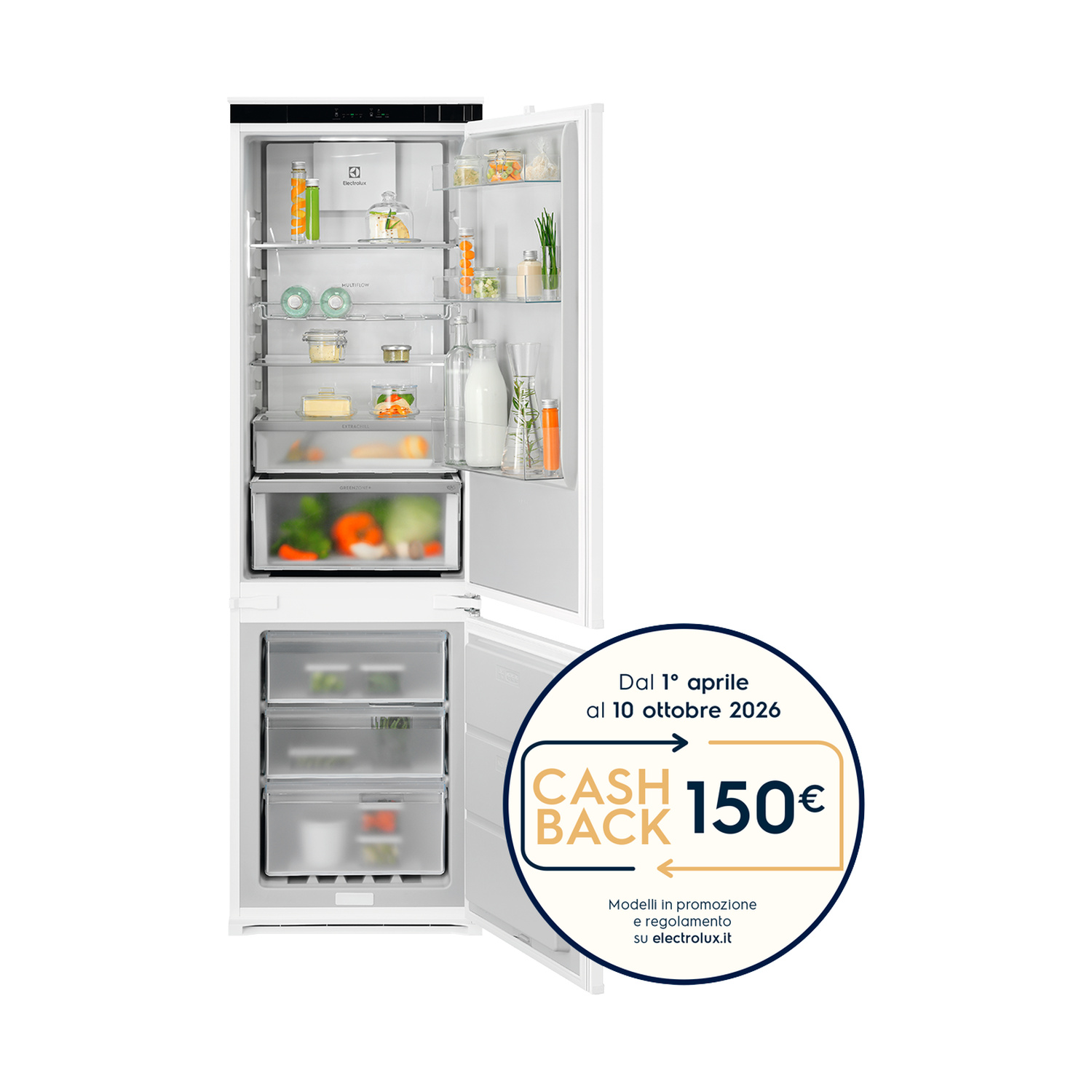 Frigorifero aperto con cibo e una scatola rotonda con offerta cash back.