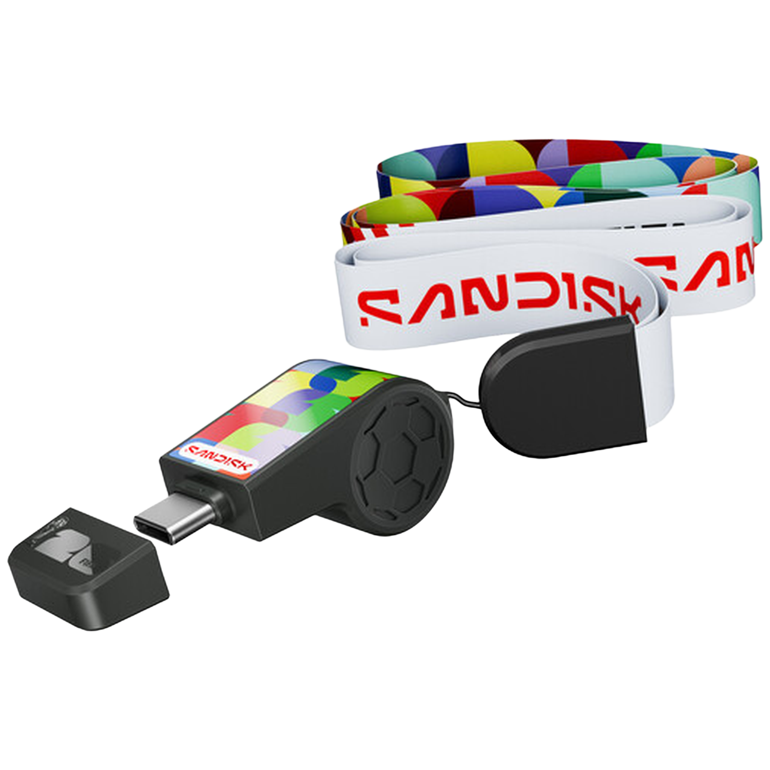 Een SanDisk USB-C-drive met kleurrijke dop en twee lanyards, één wit met rood logo.