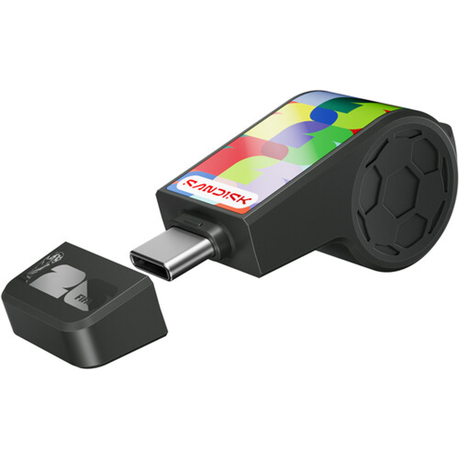 Een zwarte USB-stick met FIFA-logo en kleurrijke bovenkant.