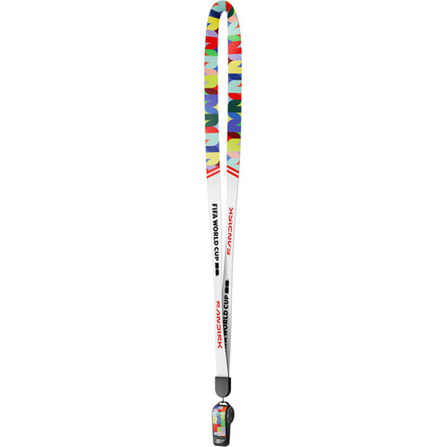 Een lanyard met FIFA WK-logo en Sandisk-tekst, met kleurrijk patroon.